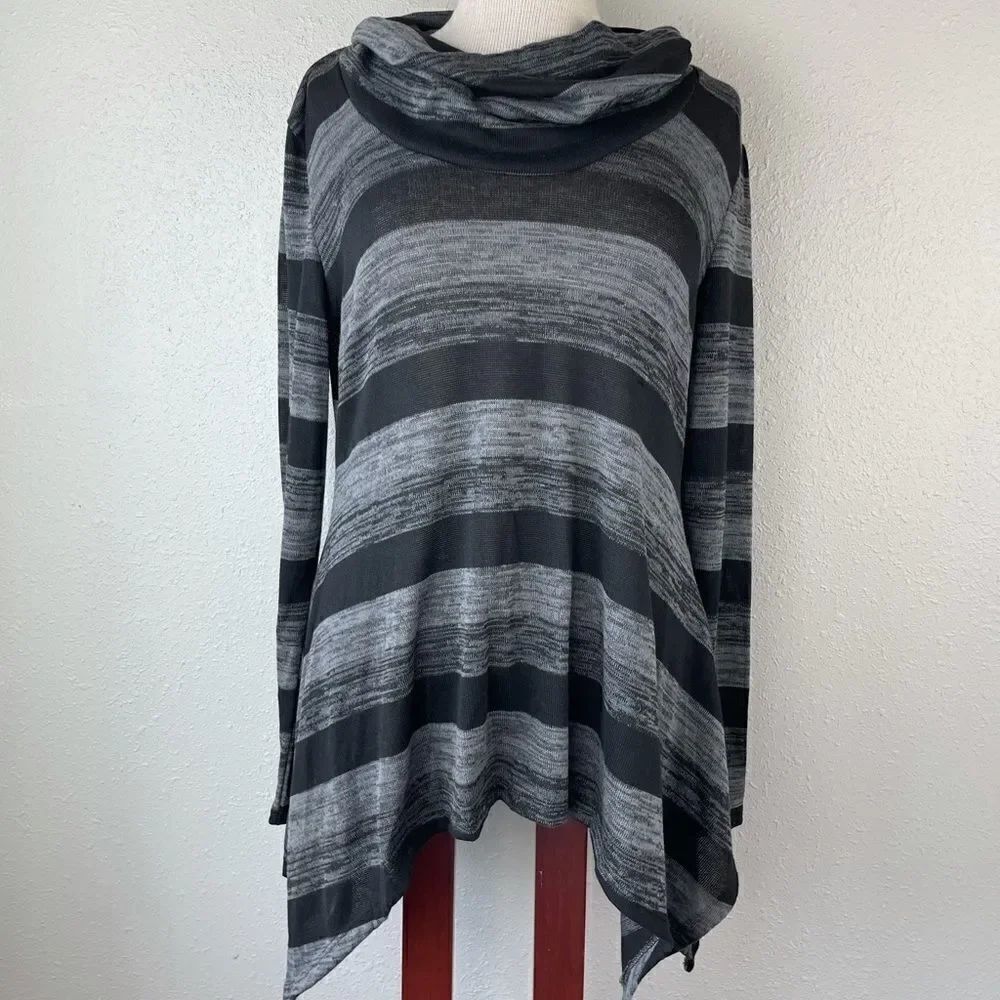 Passports Black and Gray Striped Cowl Neck Sweater Top Size M